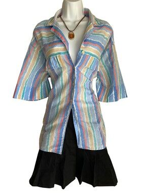 80s Vintage Cabrais Plus Size 2X Striped Button Up Tunic Blouse Fall Casual Top